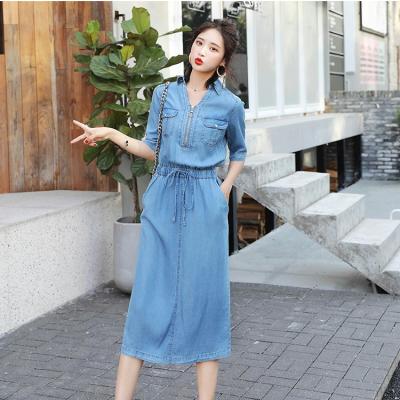 ĐẦM JEAN DENIM CỔ SƠ MI EO THUN PHỐI DÂY KÉO - N07